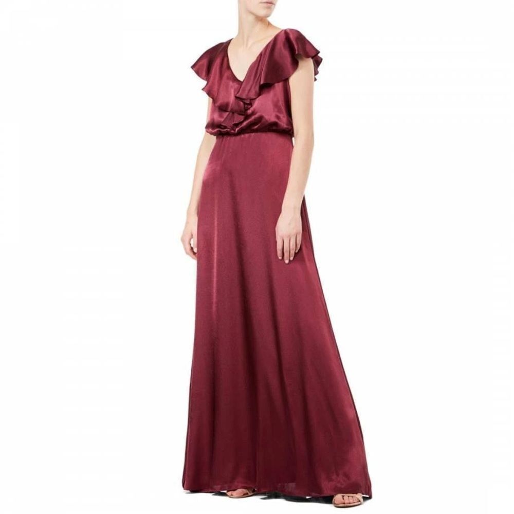 NWT Adrianna Papell Hammered Satin Gown Women's Size 10 Deep Wine Ruffle Accent